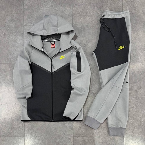ست سویشرت شلوار نایک تکفلیس (NIKE TECH 2025) رنگ طوسی نوک مدادی لوگو سبز فسفری سایز S